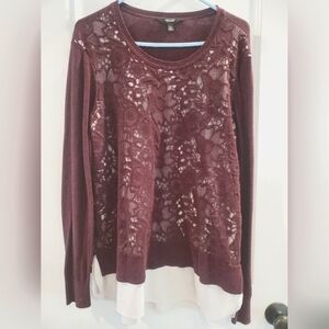 Burgundy Simply Vera by Vera Wang floral embroidered sweater w/ overlay size XL